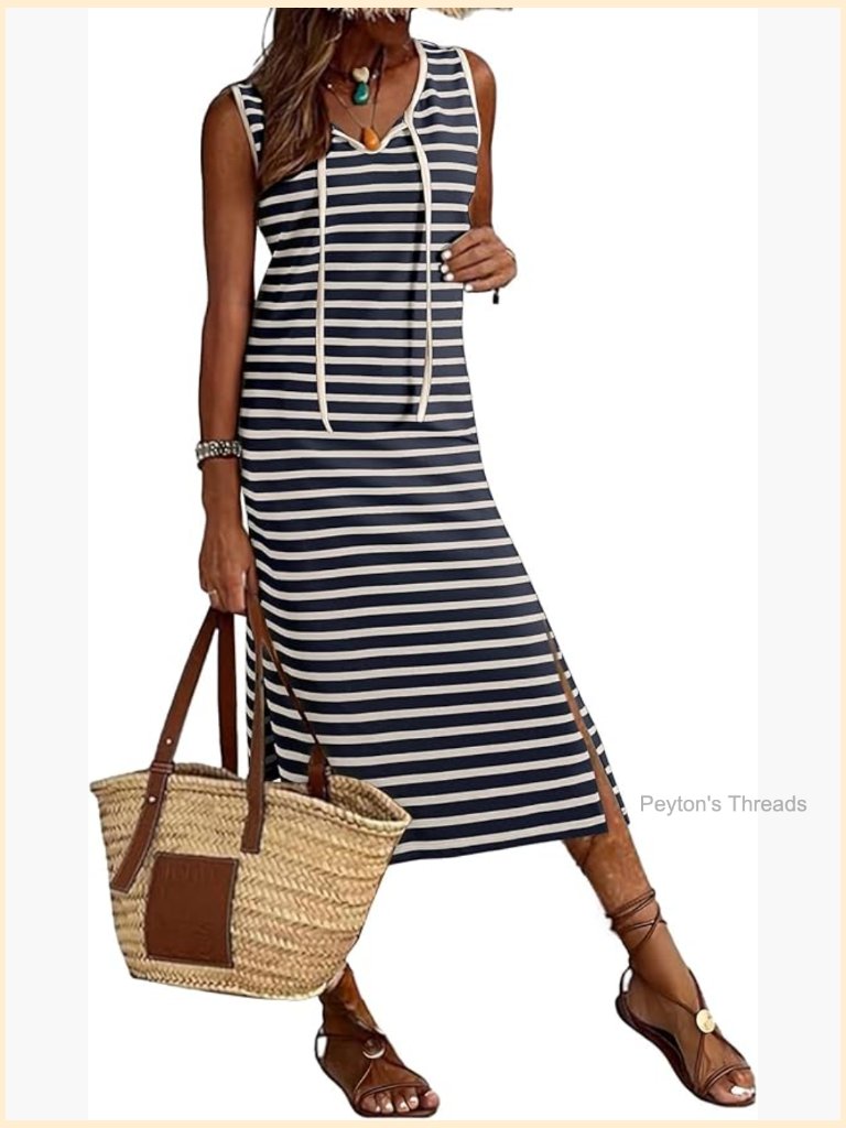 Sleeveless V-Neck Striped Maxi Dress With Side Slit